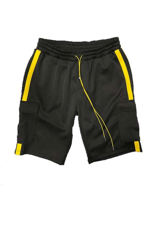 Two Stripe Cargo Pouch Shorts with Elastic Waist and Velcro Pockets